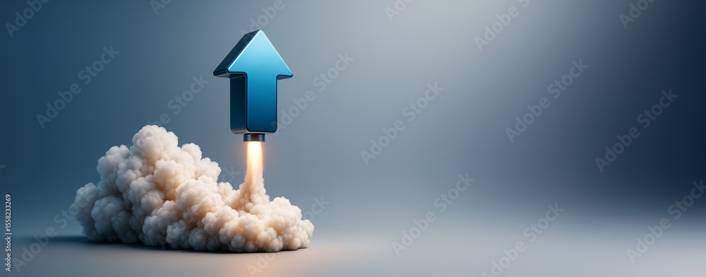 Poster blue upward arrow launching like a rocket with smoke on clean gradient background for business growt