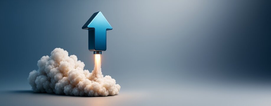 Blue upward arrow launching like a rocket with smoke on clean gradient background for business growth or success concept with copyspace on side.
