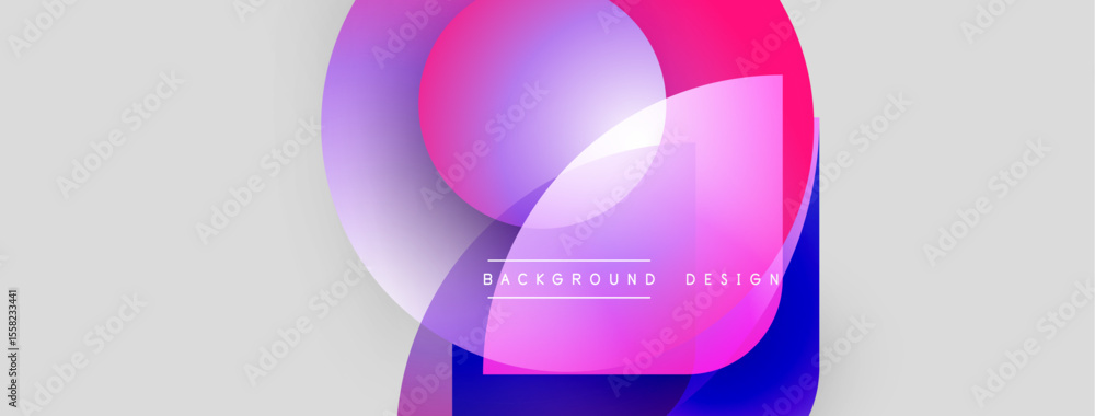 Poster Abstract shapes overlap, creating vibrant pinks, blues, purples. Soft gradients blend into light gray background. Modern design element.