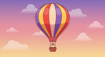 Obraz premium Whimsical Hot Air Balloon Adventure Cartoon Illustration Against a Serene Sky with Gentle Clouds and Gradient Colors of Sunrise or Sunset
