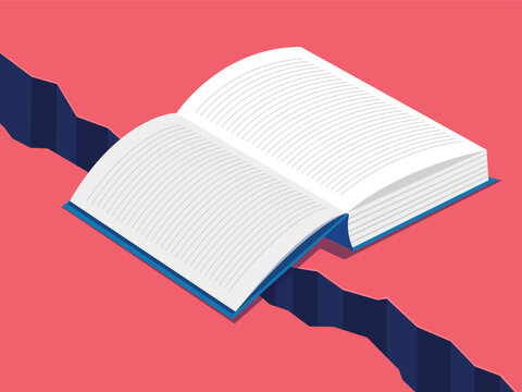 A visually striking illustration of an open book bridging a gap or divide, with a striking contrast. The image conveys themes of knowledge and overcoming obstacles.