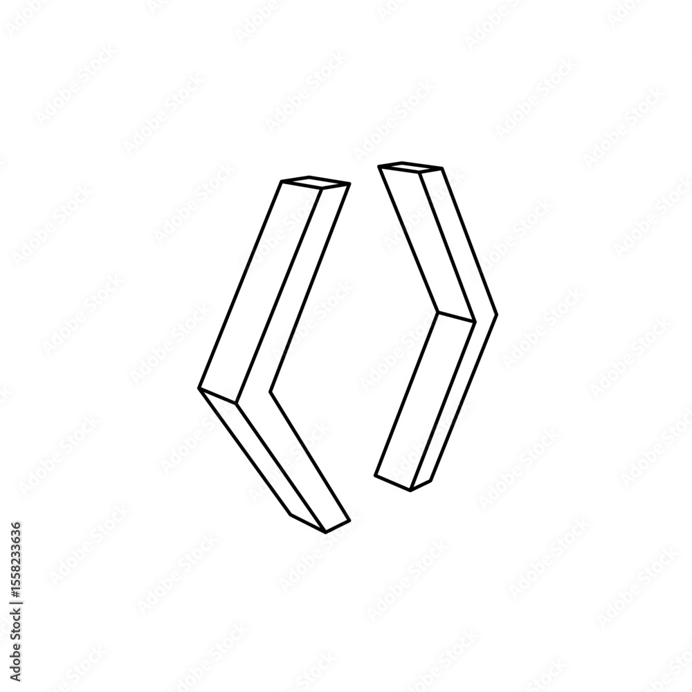 Poster the outline of a large angle brackets symbol is made with black lines. 3d view of the object in pers