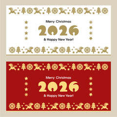 Two rectangular Christmas cards. Gold text 2026, Merry Christmas, Happy New Year on red and white background. Ratio 2:1. Border of snowflakes, fir trees, stars, symbol of Chinese New Year - cute horse