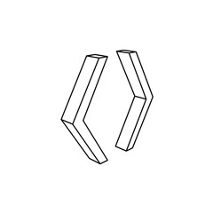 The outline of a large angle brackets symbol is made with black lines. 3D view of the object in perspective. Vector illustration on white background