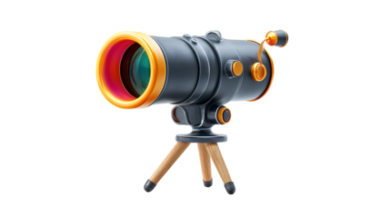 Cartoonish telescope discovery illustration wooden tripod science on transparent background