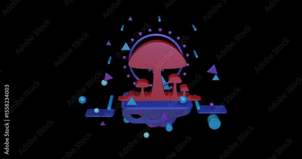 Aufkleber red mushrooms symbol on a pedestal of abstract geometric shapes floating in the air. abstract concep