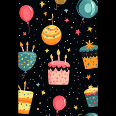 Birthday Celebration Illustration with Cakes, Balloons, and Festive Decorations made with generating AI