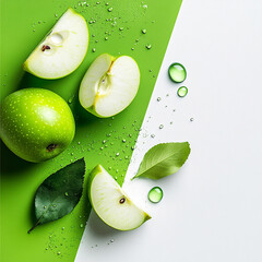 Fresh Green Apples and Slices with Water Droplets made with generating AI