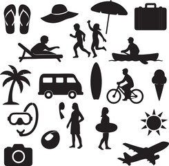 Summer vibes: silhouettes of surfing, kayaking, biking, kids playing, palm trees, sun, suitcase, and beach tools. Great for seasonal, travel, and tropical-themed artwork.