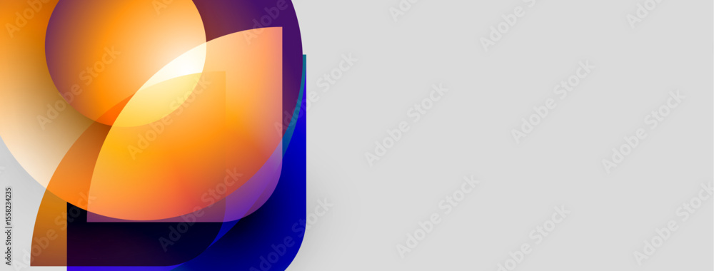 Poster Abstract shapes overlap, creating vibrant orange, blue gradients. Minimalist design with ample negative space. Modern, dynamic composition.