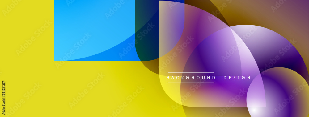 Poster abstract geometric shapes overlap. vibrant yellow, blue, purple hues create dynamic composition. mod