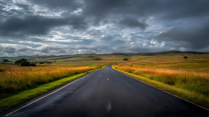 Fototapeta premium Road Trip Adventure Across Golden Plains Beneath a Dramatic Cloudscape Embracing the Open Sky