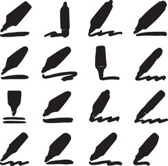 Set of 20 silhouettes of markers with bold brush strokes, lines, curves, and sketch symbols. Great for art, design tools, graffiti, and creative concep