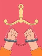 An illustration of justice concept showing handcuff hands under scale on pink background. The scene depicts the struggle for justice.