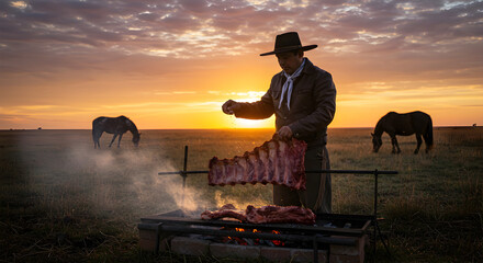 A Gaucho Grilling Meat Over a Fire With Horses Grazing at Sunset