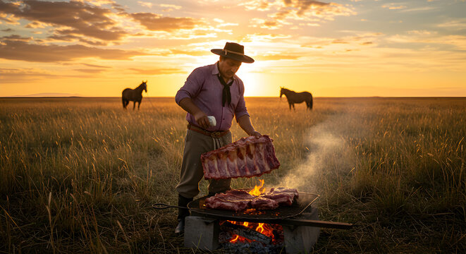 A gaucho grilling meat over a campfire in a field during sunset