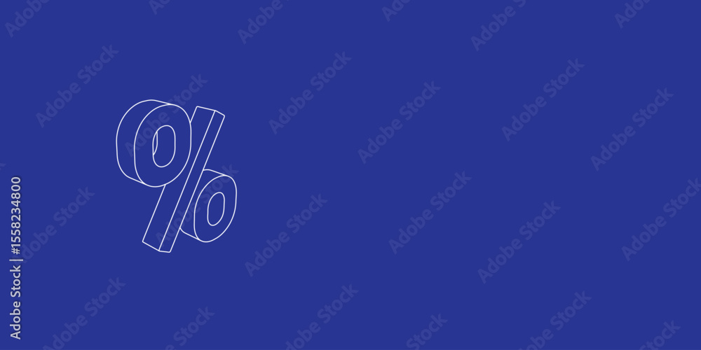 Poster the outline of a large percent symbol made of white lines on the left. 3d view of the object in pers
