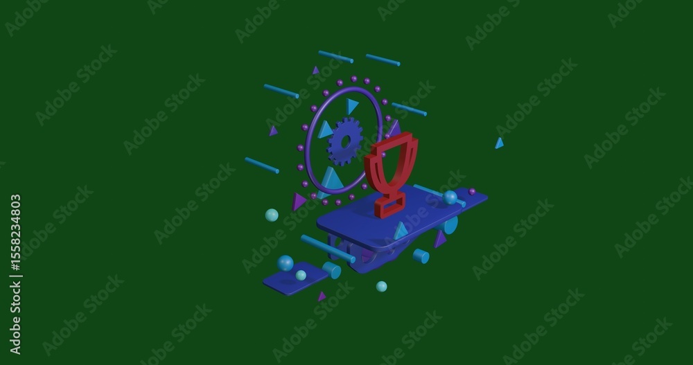 Poster red trophy symbol on a pedestal of abstract geometric shapes floating in the air. abstract concept a