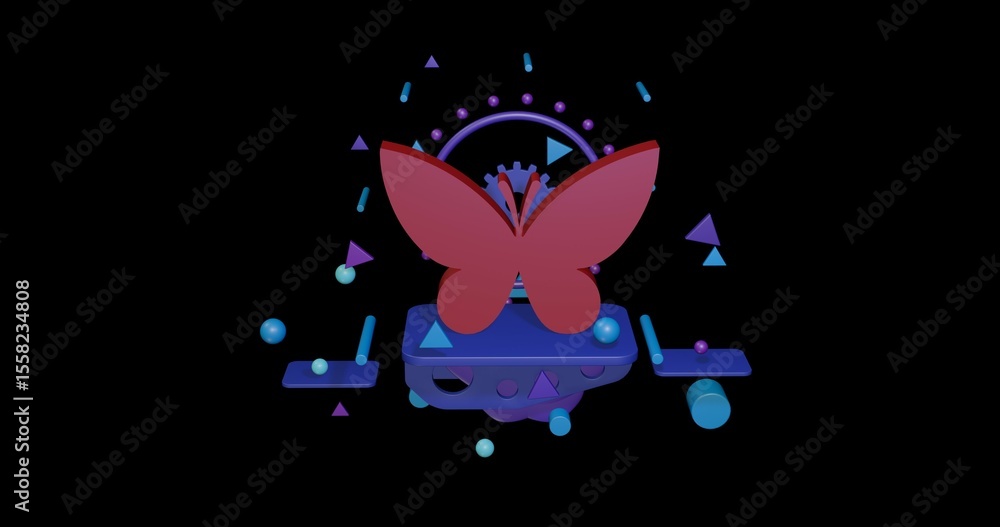 Aufkleber red butterfly symbol on a pedestal of abstract geometric shapes floating in the air. abstract concep