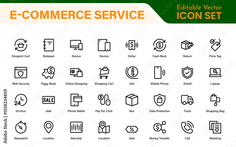Poster e-commerce set of web icons in line style. online shopping icons for web and mobile app. business, m