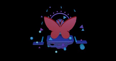 Red butterfly symbol on a pedestal of abstract geometric shapes floating in the air. Abstract concept art with flying shapes in the center. 3d illustration on black background
