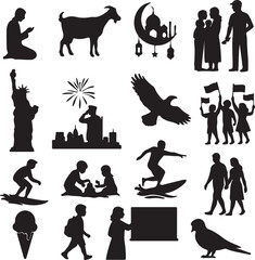 Silhouettes for July: Eid prayer, goats, mosques, fireworks, Statue of Liberty, beach fun, school bags, and more. Great for festive, cultural, and seasonal design themes.