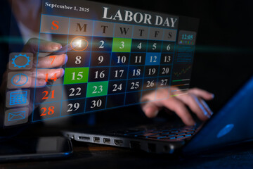 Fototapeta premium Planning for Labor Day 2025 with virtual calendar and laptop in a modern workspace