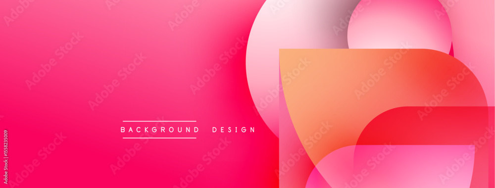 Poster Abstract pink gradient background. Overlapping circles, rectangles create dynamic visual effect. Modern design elements present.
