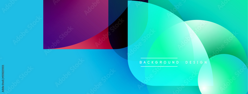 Poster abstract geometric shapes overlap, creating vibrant color gradients. blue dominates background, purp