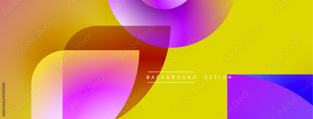 Poster Abstract vibrant background. Overlapping shapes create dynamic visual effect. Yellow, purple, orange hues dominate composition. Modern design element.