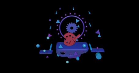 Red palette symbol on a pedestal of abstract geometric shapes floating in the air. Abstract concept art with flying shapes in the center. 3d illustration on black background