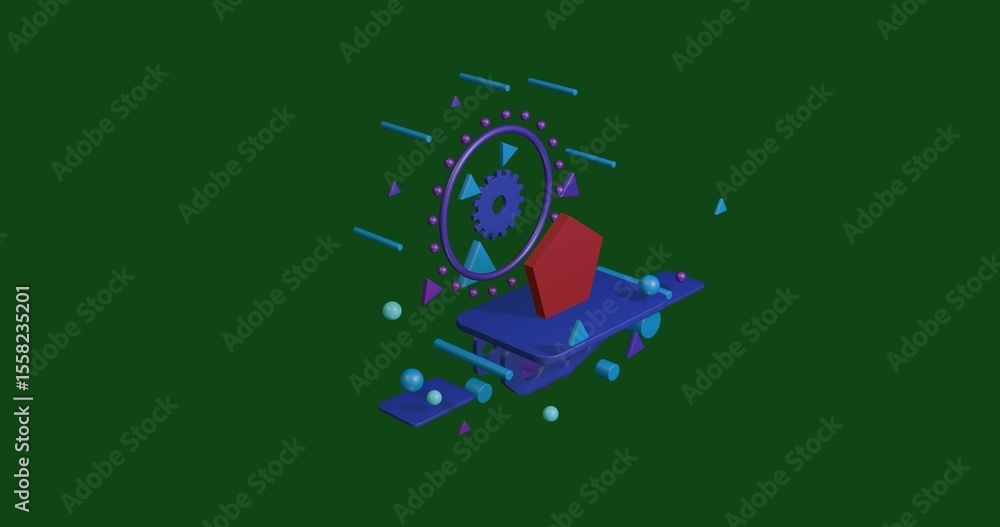 Aufkleber red pentagon symbol on a pedestal of abstract geometric shapes floating in the air. abstract concept