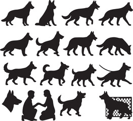 20 dynamic German Shepherd silhouettes in action: running, sitting, barking, training, playing, guarding. Ideal for pet, police dog, or animal logo illustrations.