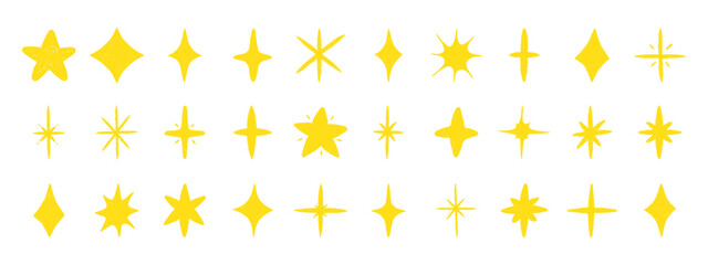 Hand drawn brush star doodle set. Crayon and chalk style twinkle, sparkle, and shining star elements. Childish sketch shapes.