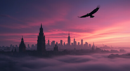 Fototapeta premium Misty Cityscape with Sunrise and Flying Eagle