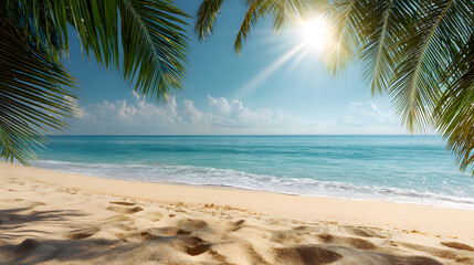 Serene Beach Paradise: A picturesque beach scene with pristine sands, crystal-clear turquoise waters, and lush palm fronds framing a radiant, sun-kissed sky.