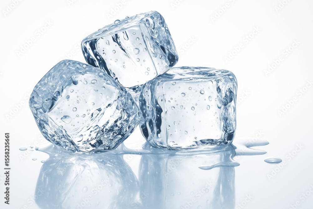 Aufkleber three crystal-clear ice cubes with water droplets on glossy surface and white background, symbolizin