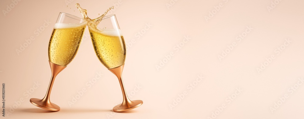 Poster two champagne glasses clinking with sparkling splash on light beige background with copy space for c