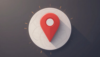 A red location pin on a white circular surface with radiating lines against a dark gray background