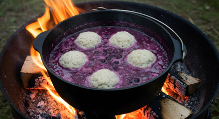 Cooking Dumplings and Berries in a Cast Iron Pot Over a Campfire Outdoors