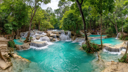 Naklejka premium Turquoise waterfall cascade in lush jungle
