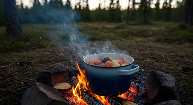 Cooking food in a pot over a campfire in the woods outdoors at daytime