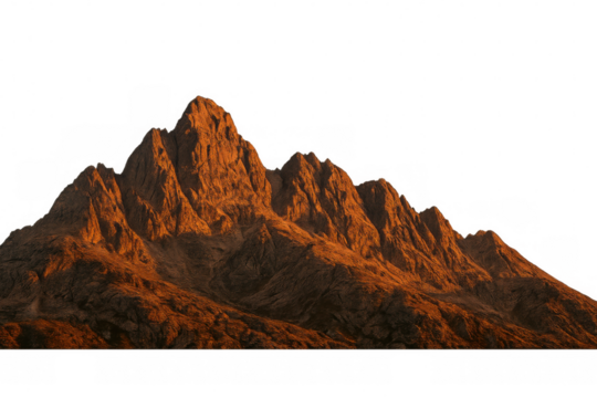 Golden hour light casting warm glow on jagged alpine peaks, isolated on transparent backdrop for digital graphic design projects