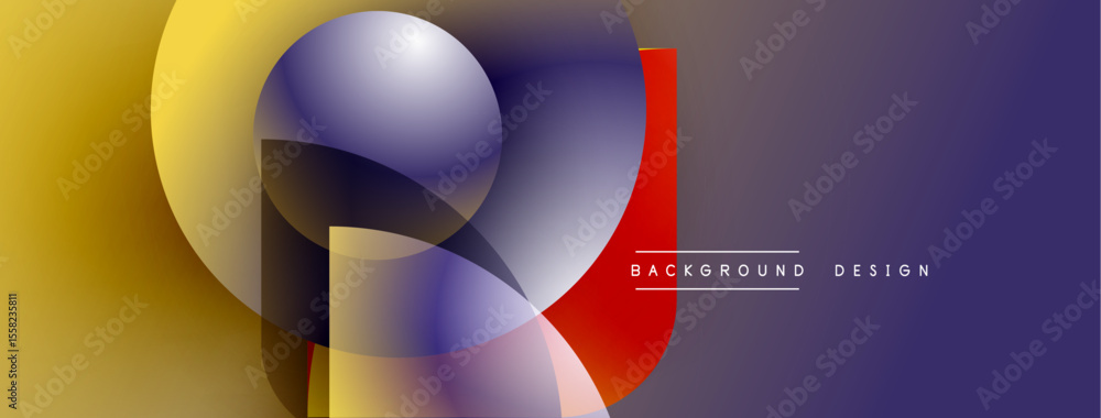 Poster Abstract geometric composition. Overlapping shapes create vibrant color gradients, modern design elements. Purple, yellow, red hues dominate.