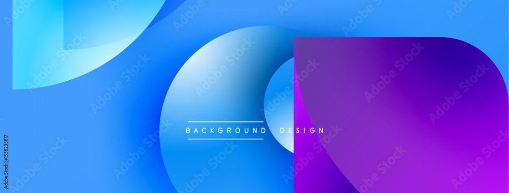 Poster abstract geometric shapes blend blue, purple hues. modern design features overlapping layers, gradie