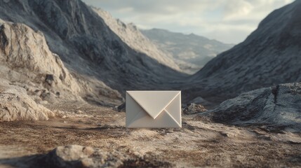 White envelope at the bottom of mountain range. Unread message. Letter. Post service. Mail delivery