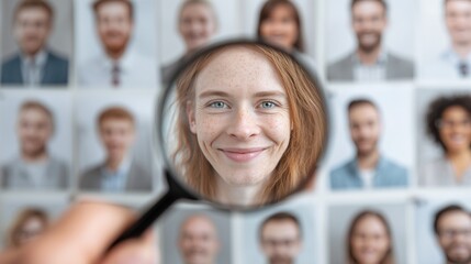 Preference to a smart female candidate. Selecting an employee, job interview. Young ginger woman with freckles is a future staff member