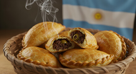 Delicious Argentinian Empanadas in a Basket with Argentine Flag Background