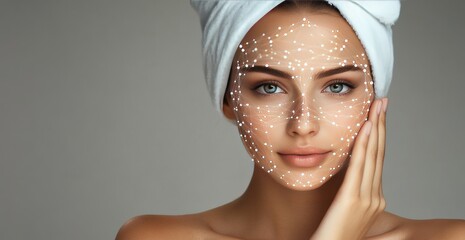 Woman with towel pointing at face, data graph overlay, white  background