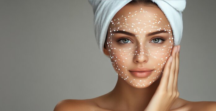 Woman with towel pointing at face, data graph overlay, white  background